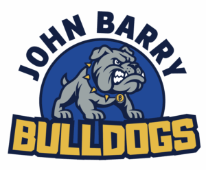 Full-color logo for John Barry Elementary School featuring a gray bulldog with a blue and gold spiked collar and the words “John Barry Bulldogs” in bold lettering.